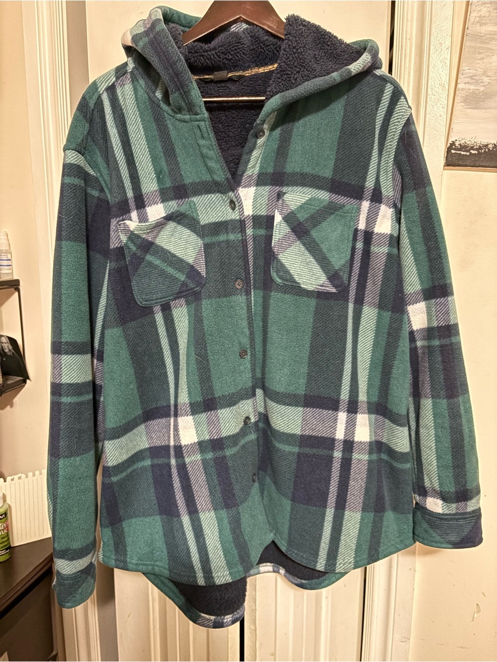 Realtree Green and Navy Plaid Hooded Puffer Jacket